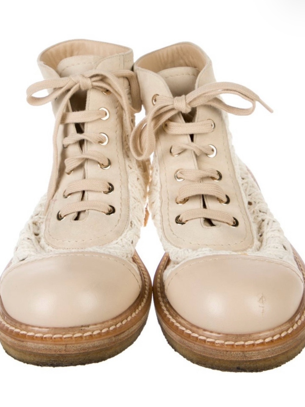 CHANEL Cream Lace-Up Crochet High-Top Boots